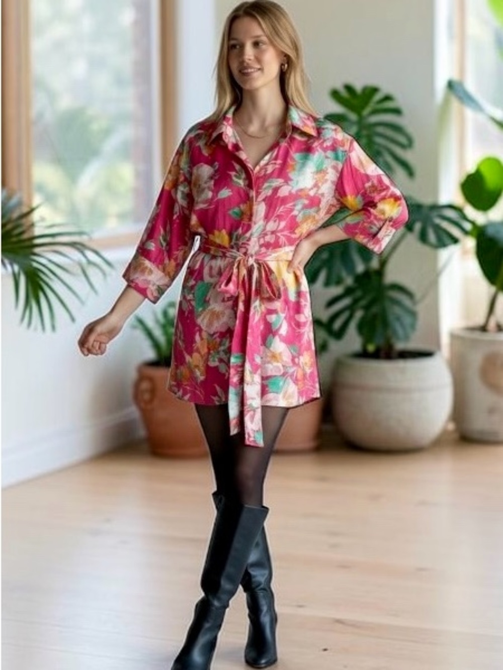 Zara Floral Pink Tie-Waist Shirt Dress